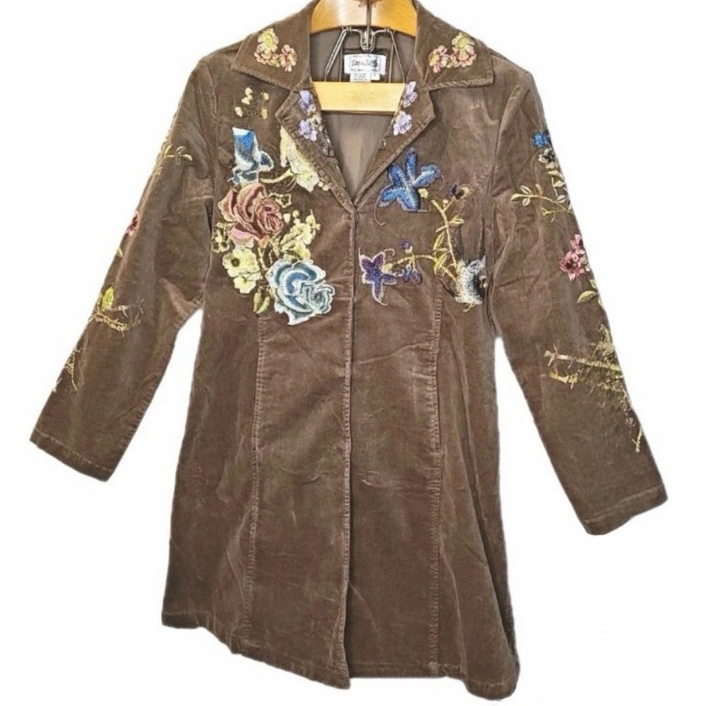 Vintage Live a Little Corduroy Boho Floral Embroidered Jacket - Brown - Large